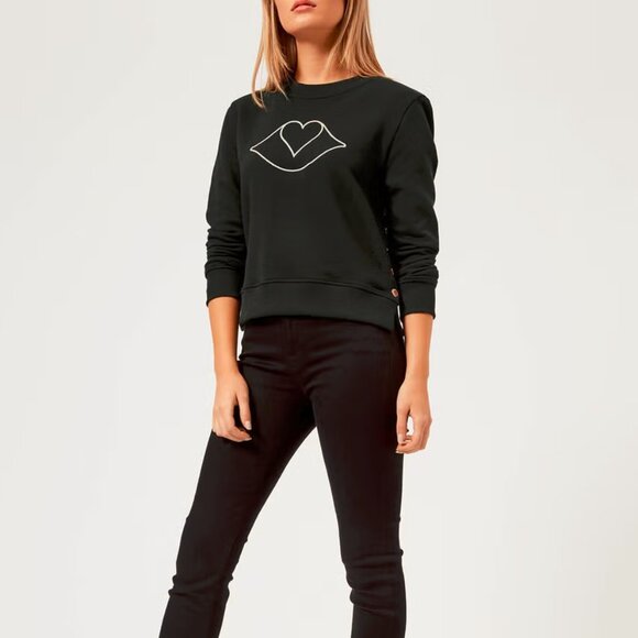 See by Chloe Pastel Heart Button Side Black Crewneck